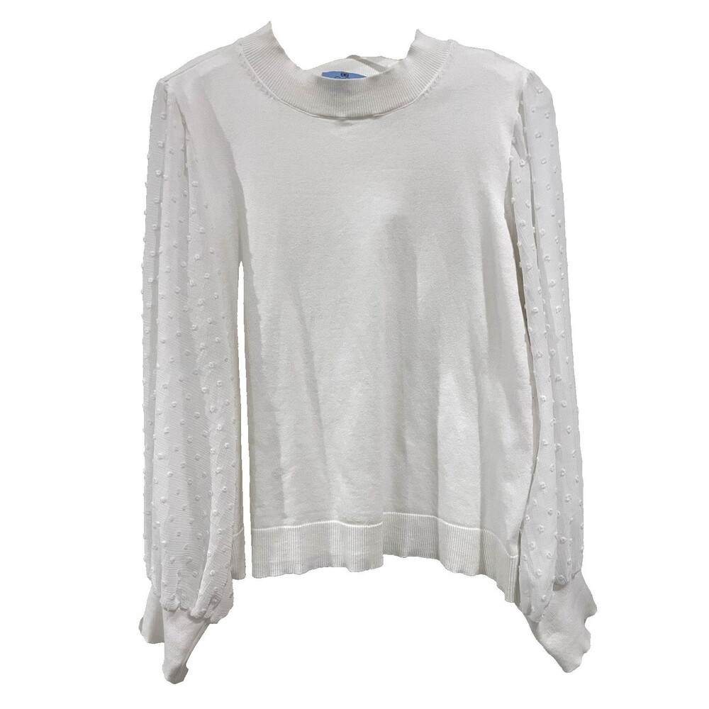 CeCe Women's White Mock Neck Knit  Sweater Size L Full Sheer  Puff Dot Sleeves